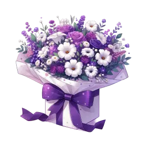 Purple and White Flower Bouquet with Ribbon Gift Box