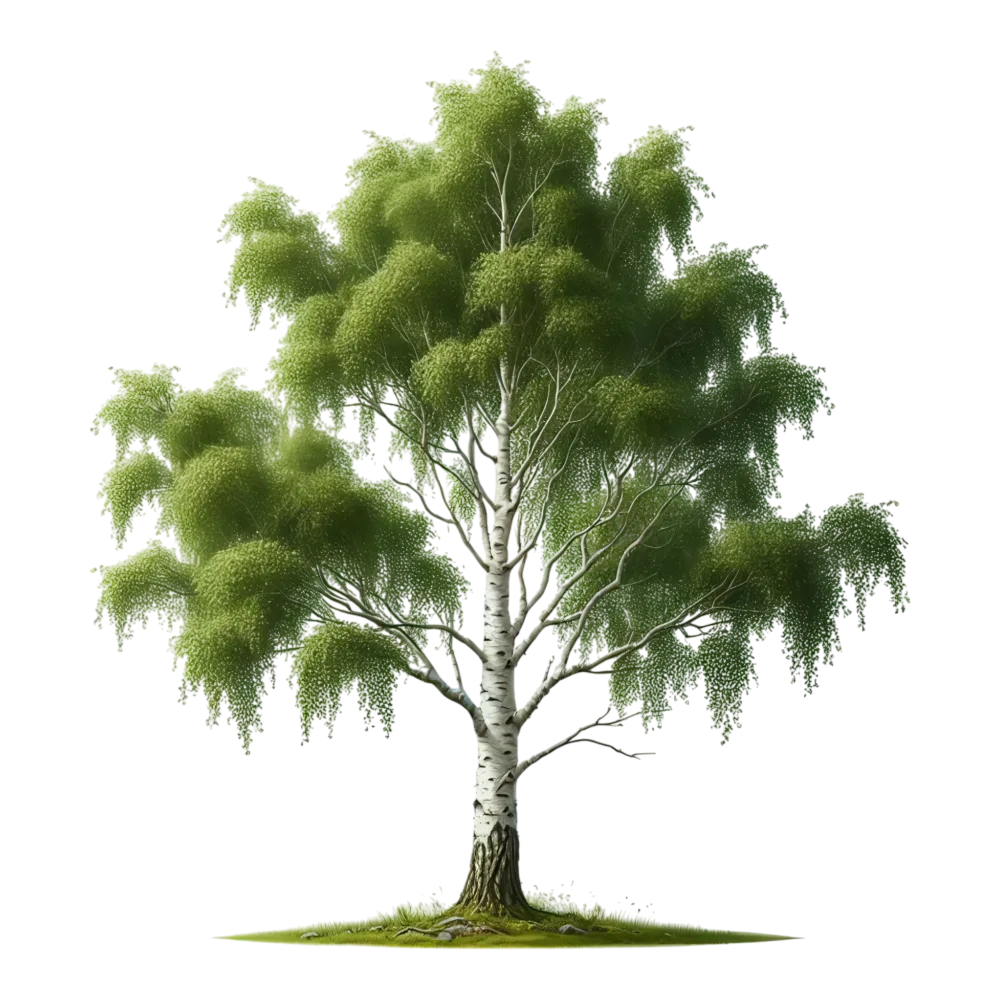 Detailed Birch Tree Illustration with Green Leaves