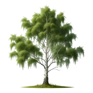 Detailed Birch Tree Illustration with Green Leaves