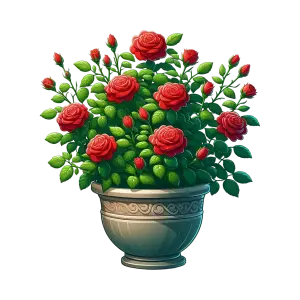 Potted Red Rose Bush with Decorative Planter