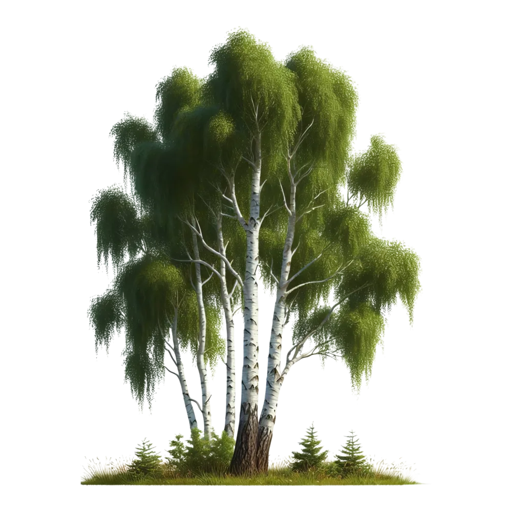 Realistic Birch Tree with Green Foliage and Small Pine Trees
