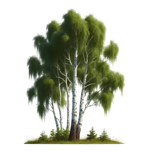 Realistic Birch Tree with Green Foliage and Small Pine Trees