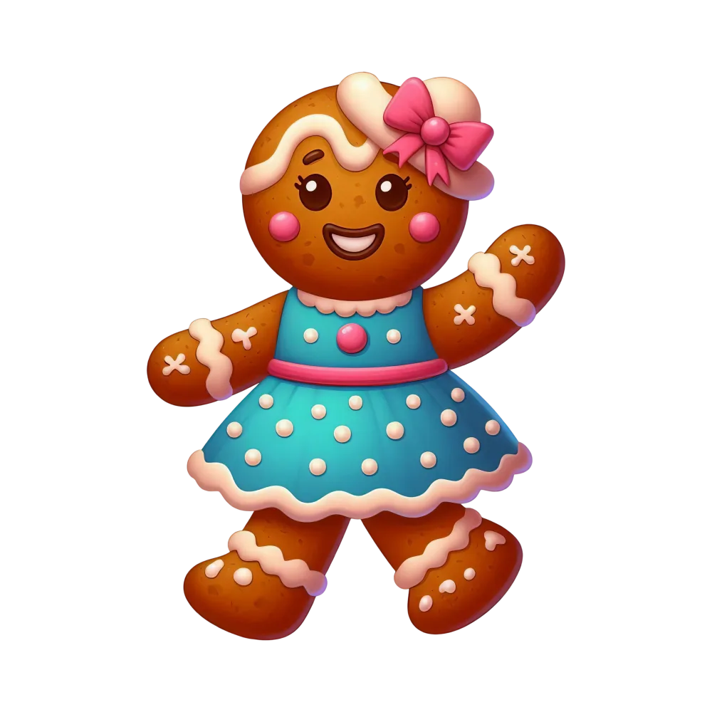 Gingerbread Girl Cookie with Blue Dress and Pink Bow Hat
