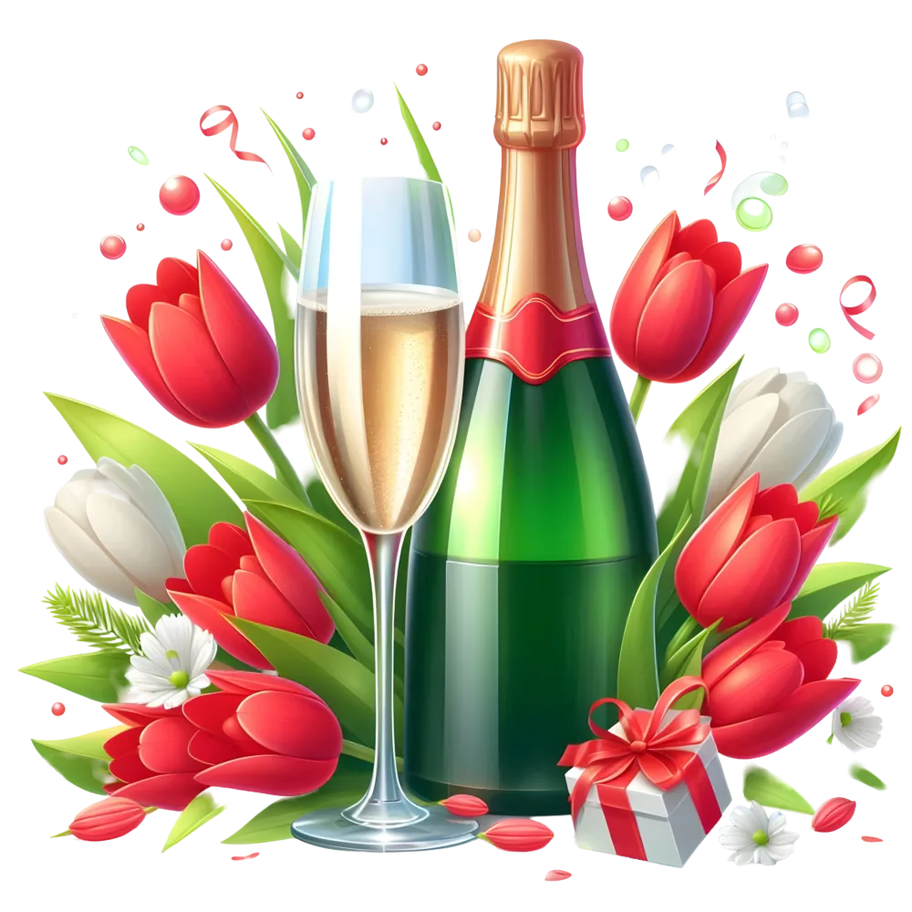 Champagne Bottle with Glass, Red and White Tulips, and Gift Box