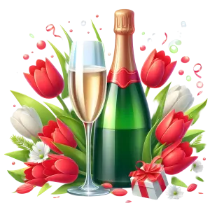 Champagne Bottle with Glass, Red and White Tulips, and Gift Box