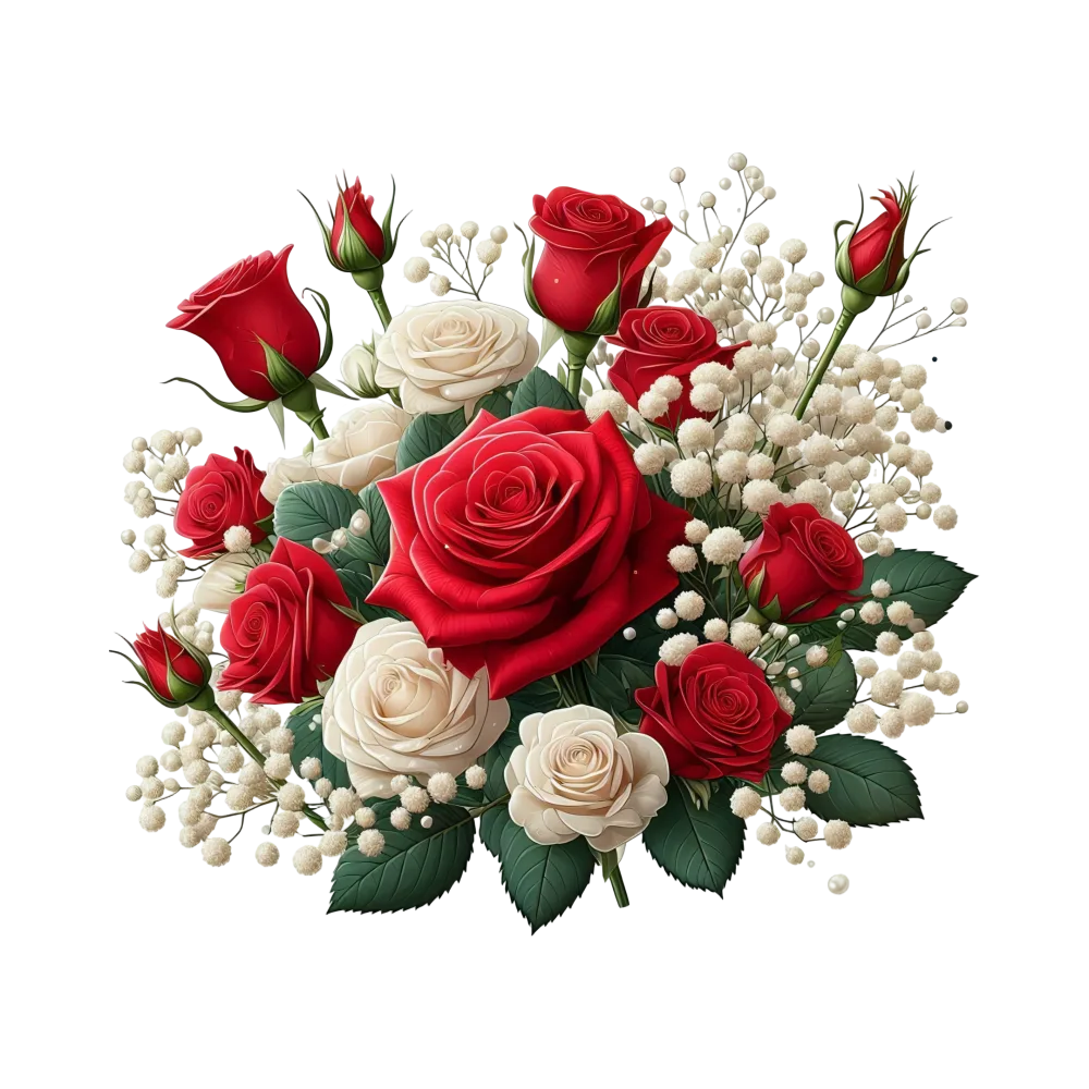 Bouquet of Red and White Roses with Baby's Breath