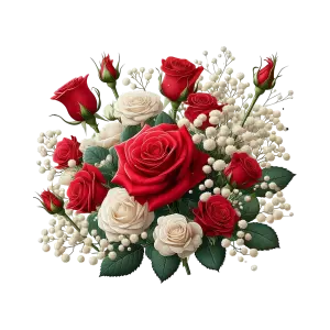 Bouquet of Red and White Roses with Baby's Breath