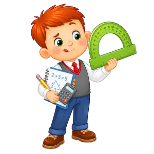 Cute Red-Haired Boy Student Holding Protractor and Math Supplies