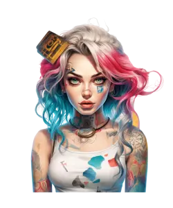 Portrait of a Woman with Pink and Blue Hair and Tattoos