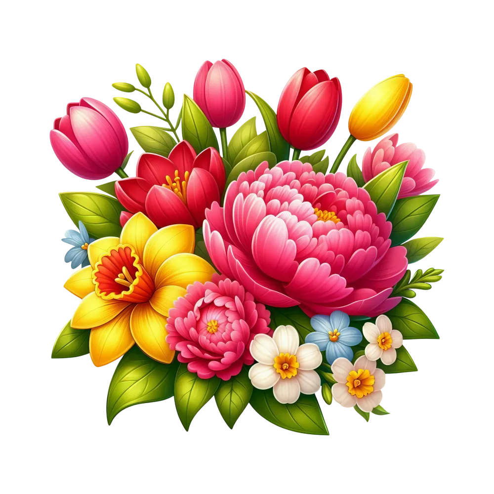 Colorful Bouquet of Spring Flowers with Daffodils and Tulips