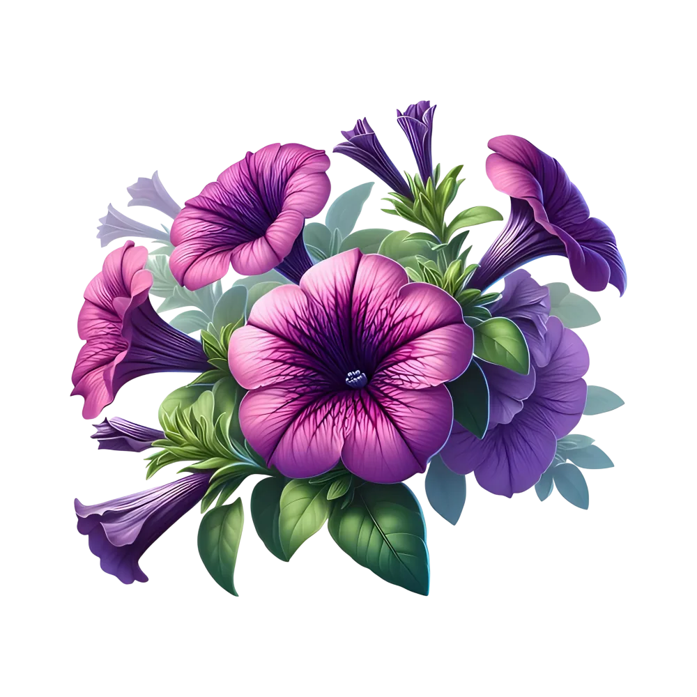 Purple Petunia Flower Bouquet with Green Leaves