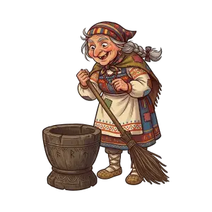 Cartoon Illustration of Elderly Woman with Broom and Mortar