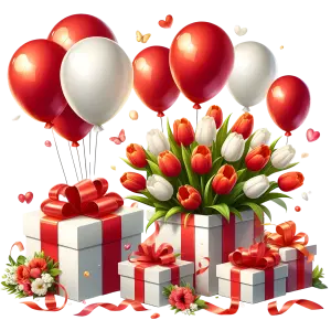 Red and White Tulip Bouquet with Gift Boxes and Balloons