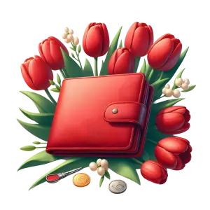 Red Wallet with Tulips and Coins Illustration