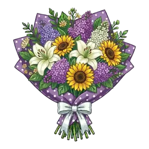 Colorful Bouquet with Lilies, Sunflowers, and Lilacs Wrapped in Purple Polka Dot Paper