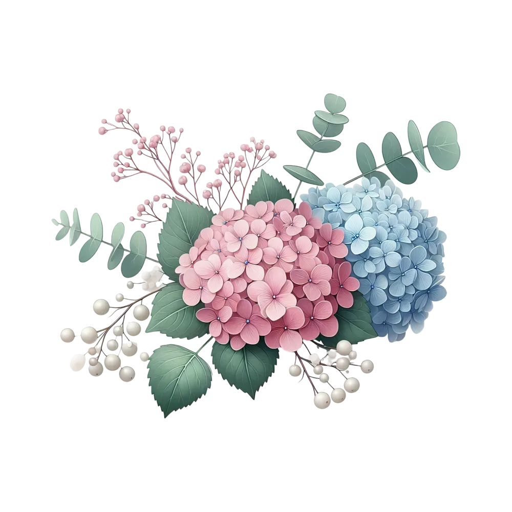Pink and Blue Hydrangea Flower Bouquet with Greenery