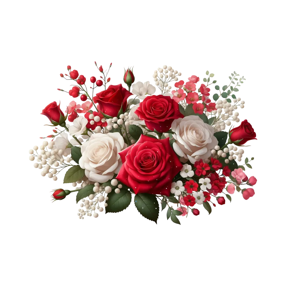 Red and White Rose Floral Arrangement with Green Leaves