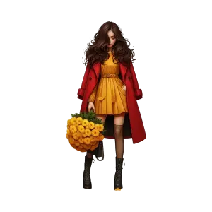 Stylish Woman in Red Coat Holding Yellow Flowers