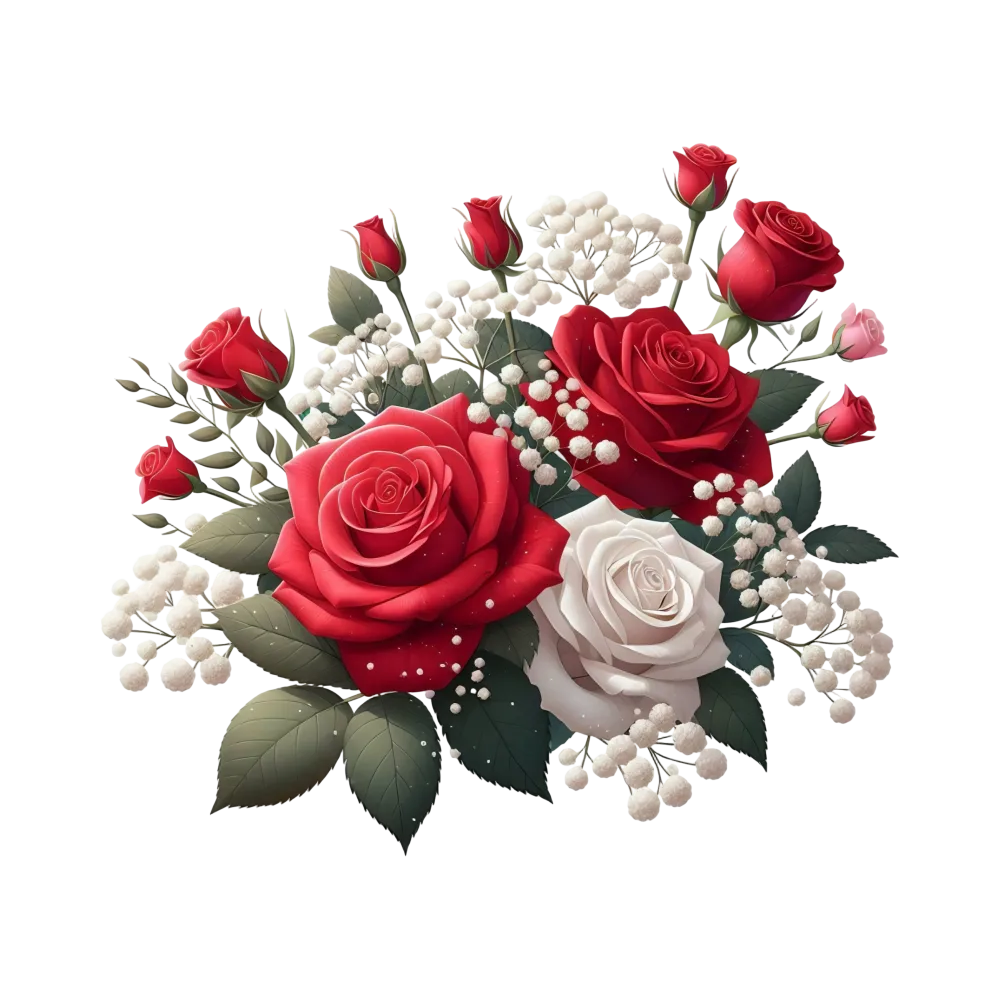 Red and White Rose Bouquet with Baby's Breath Flowers