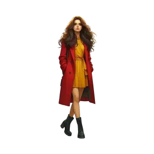 Stylish Woman in Red Coat and Yellow Dress with Boots