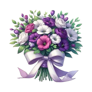 Colorful Bouquet of Purple Pink and White Flowers with Ribbon