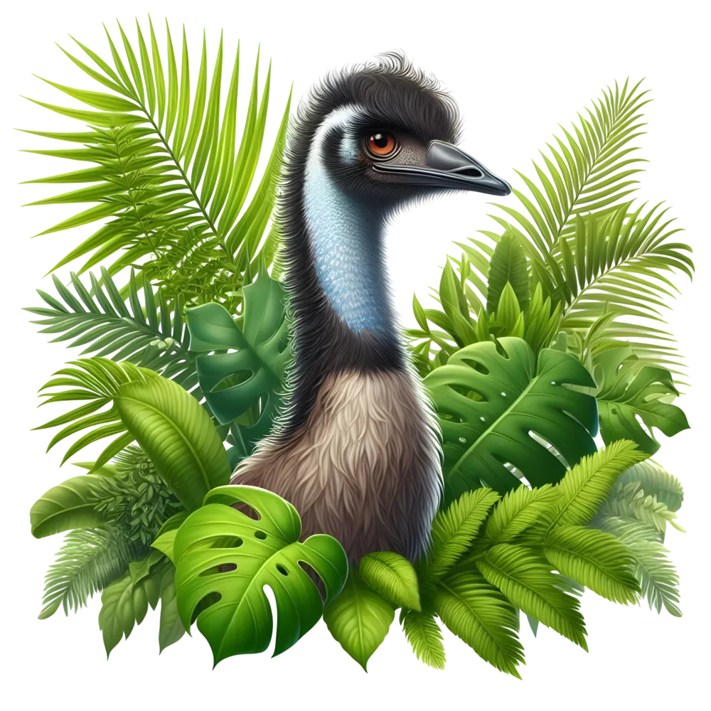 Emu Portrait with Tropical Green Leaves