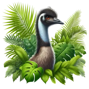 Emu Portrait with Tropical Green Leaves