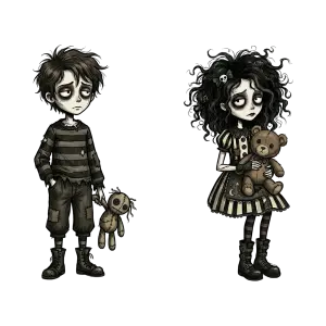 Sad Gothic Children Holding Dolls Illustration