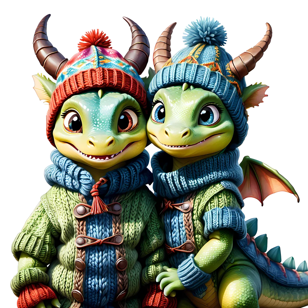 Cute Cartoon Baby Dragons in Winter Sweaters and Hats