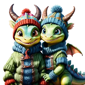 Cute Cartoon Baby Dragons in Winter Sweaters and Hats