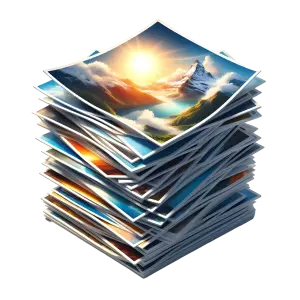 Stack of Colorful Landscape Photographs with Mountain and Sunrise