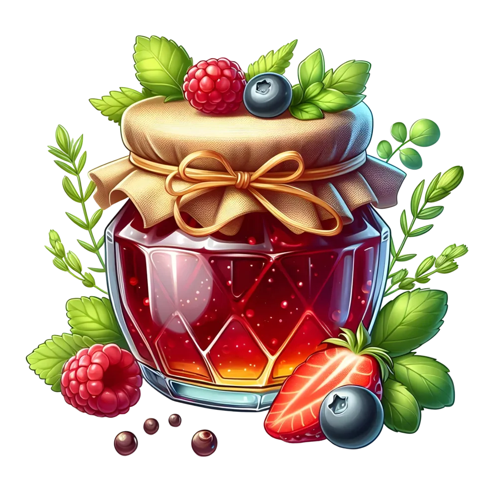 Jar of Mixed Berry Jam with Fresh Fruits and Green Leaves