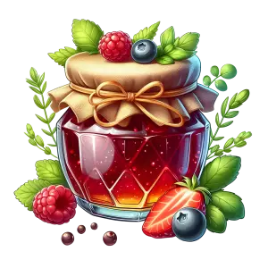 Jar of Mixed Berry Jam with Fresh Fruits and Green Leaves