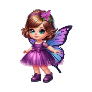 Cute Little Girl Fairy with Purple Butterfly Wings and Dress