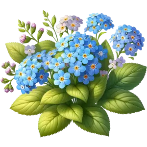 Cluster of Blue and Purple Forget-Me-Not Flowers with Green Leaves