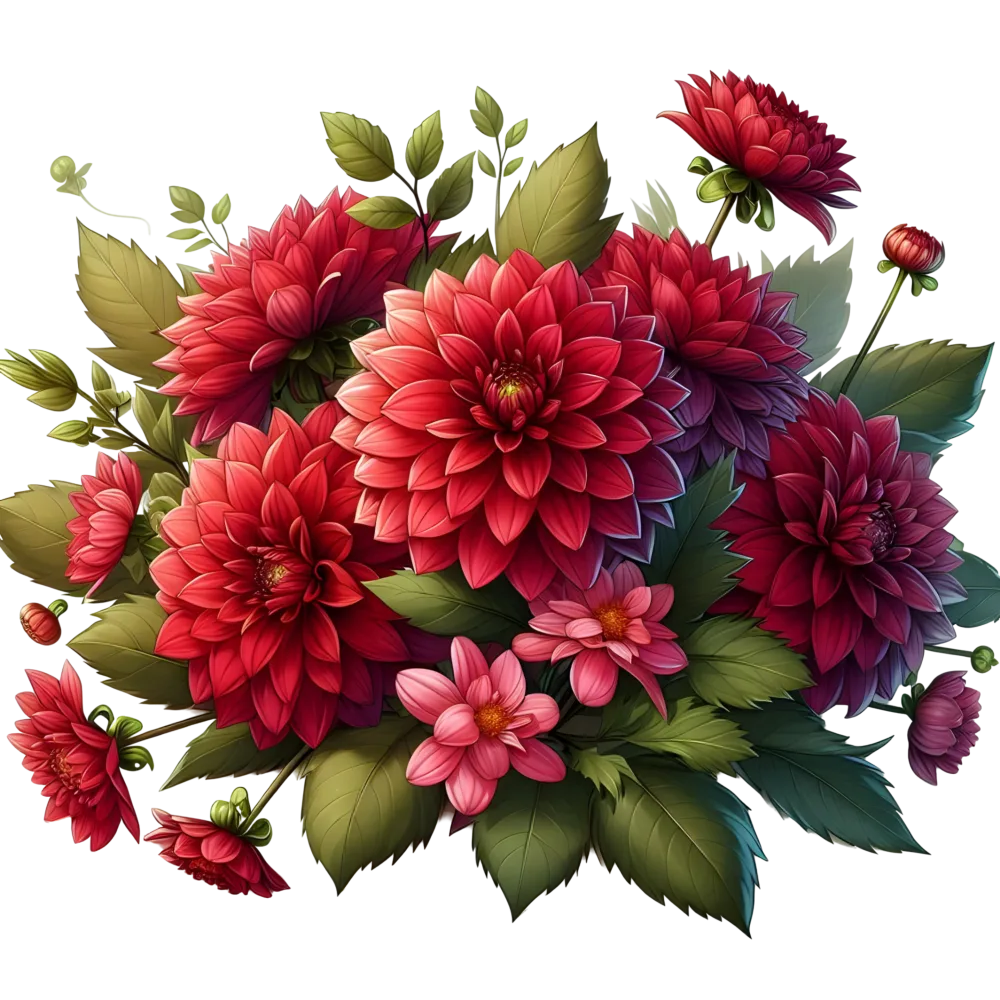 Vibrant Red Dahlia Flower Bouquet with Green Leaves