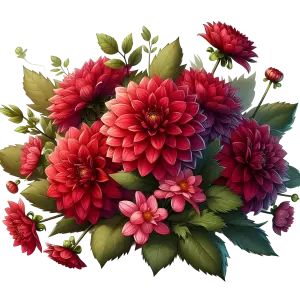 Vibrant Red Dahlia Flower Bouquet with Green Leaves