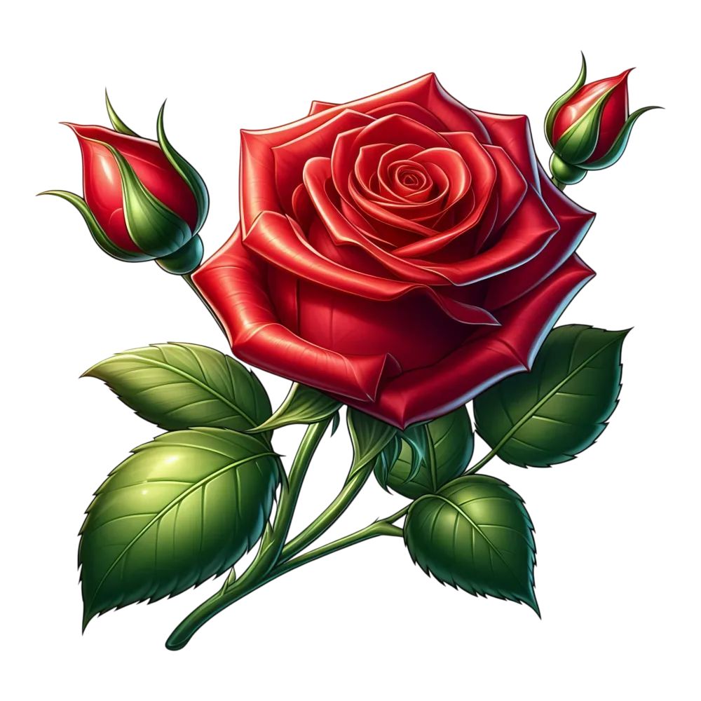 Realistic Red Rose with Two Buds and Green Leaves