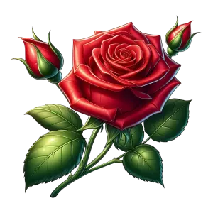 Realistic Red Rose with Two Buds and Green Leaves