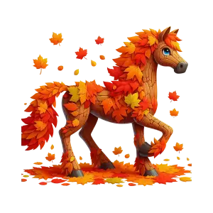 Autumn Wooden Horse Covered with Orange Leaves