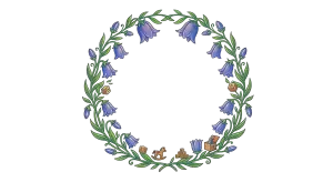 Floral Wreath with Blue Bell Flowers and Wooden Toys