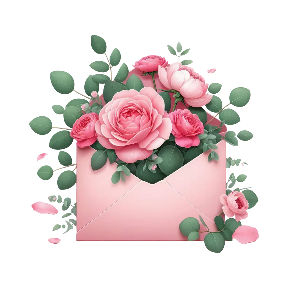 Pink Floral Bouquet Emerging from an Envelope