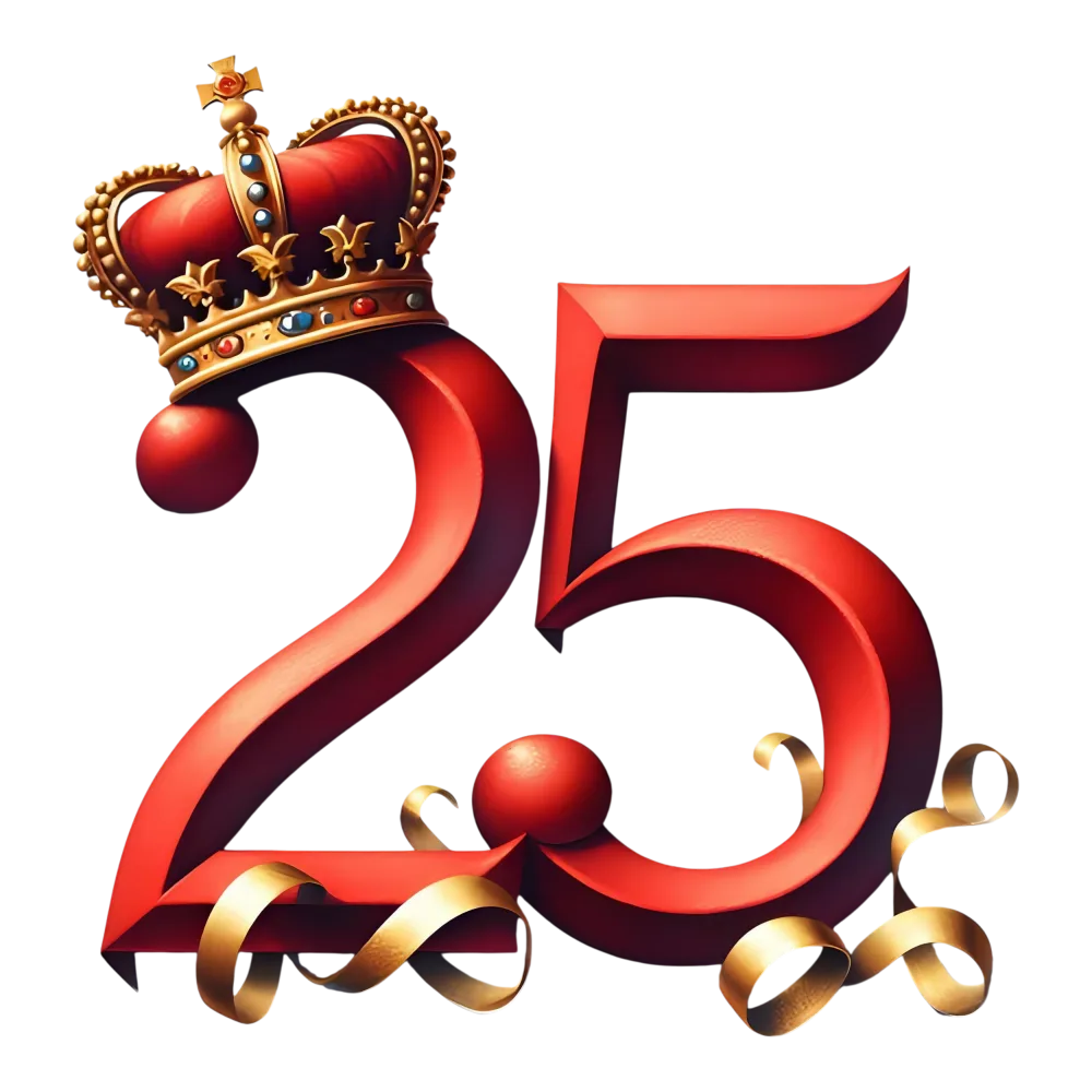Red 25 Number with Royal Crown and Gold Ribbon