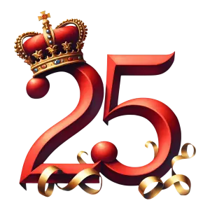 Red 25 Number with Royal Crown and Gold Ribbon
