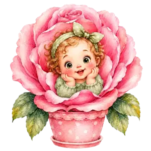 Cute Baby Girl in Pink Rose Flower Pot Illustration