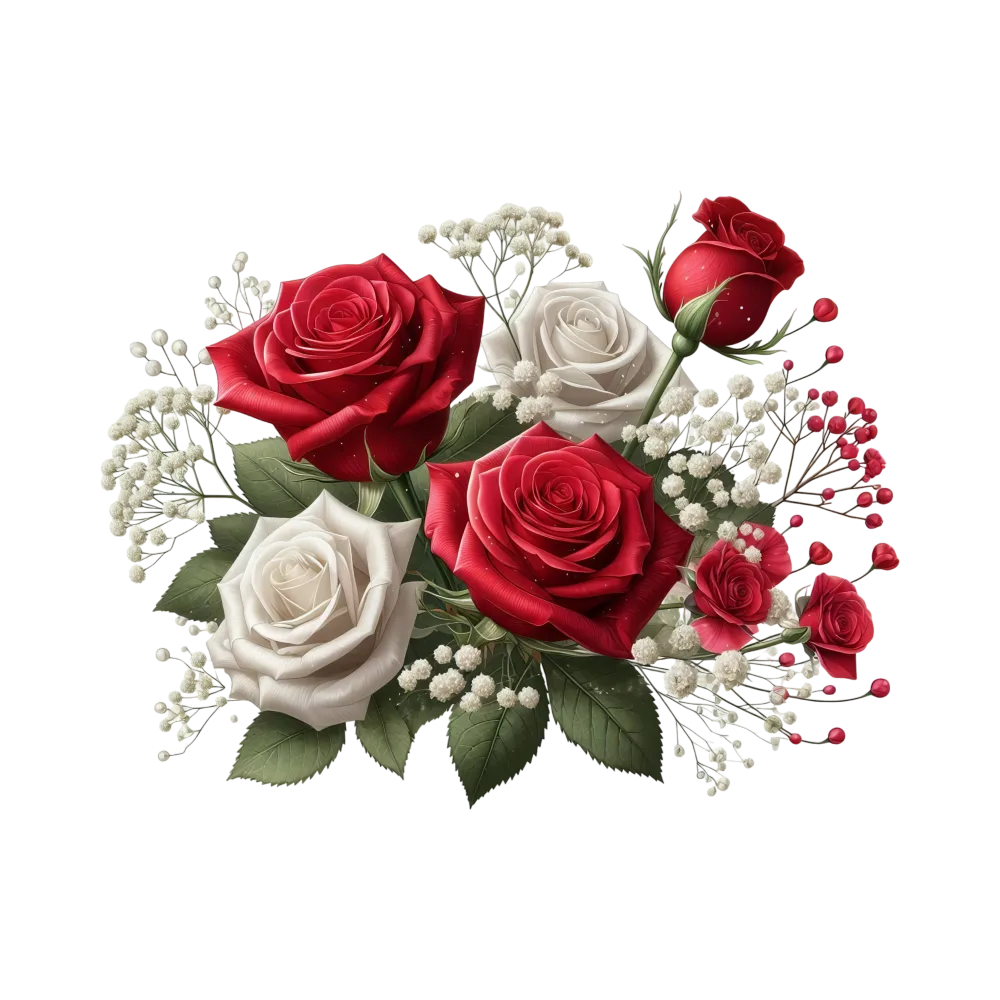 Red and White Roses Bouquet with Baby's Breath