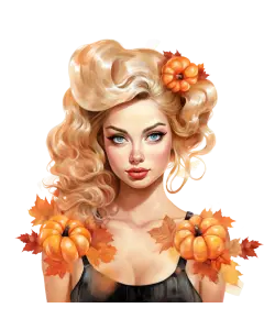 Autumn Woman with Blonde Curly Hair and Pumpkins