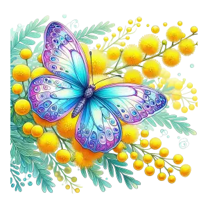 Colorful Butterfly on Yellow Mimosa Flowers