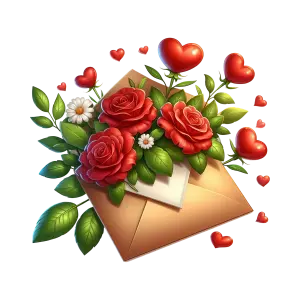 Romantic Envelope with Red Roses and Heart Symbols