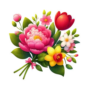 Colorful Bouquet of Pink, Red, Yellow, and White Flowers with Green Leaves